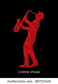 Man playing saxophone, designed using red grunge brush graphic vector.