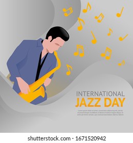 Hombre tocando saxofón con fondo gris.