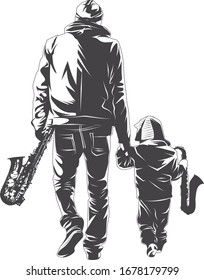 Man playing Saxophone with his son. Father and son playing music together. Father teaching son how to play Saxophone. Good amusment. Pastime with son.