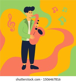 Man playing saxophone on abstract background in flat style. Vector illustration.