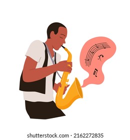 Hombre tocando saxofón en la orquesta o en la ilustración vectorial de banda. Caricatura de un joven saxofonista sosteniendo un instrumento musical para tocar, tocando notas sonoras de jazz blues en burbuja aislado en blanco