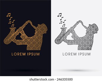 Man playing saxophone ,shadow, designed using gold and black geometric, logo, symbol, icon, graphic, vector.