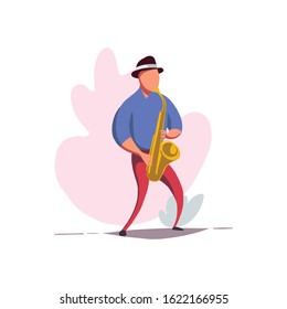 Man playing Saxophone. Someone played a Saxophone instrument beautifully. Jazz music with wind instruments. Simple flat vector