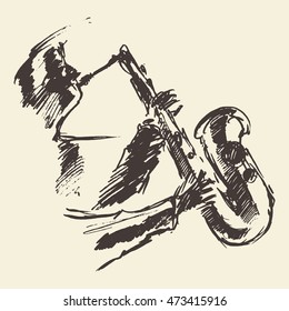 Man playing saxophone. Vintage hand drawn vector illustration, sketch.