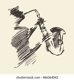 Man playing saxophone. Vintage hand drawn vector illustration, sketch.