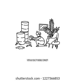 Man playing shooter virtual reality at home. Hand drawn doodle style concept. Stock vector