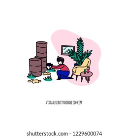 Man playing shooter virtual reality at home. Hand drawn doodle style colorful concept. Stock vector