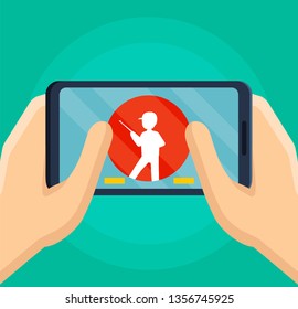 Man playing shooting game on his mobile phone, silhouette of military warrior on screen. Vector illustration