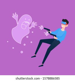 Man playing shooting game using virtual reality headset
