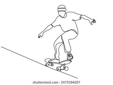 Man playing skateboard continuous line drawing. Fitness and sport concept. Vector illustration minimalist design hand drawn.