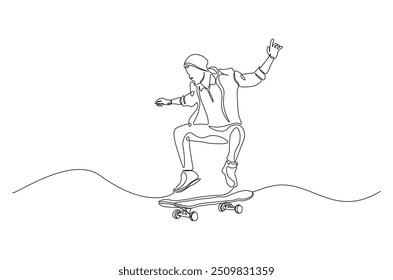 Hombre jugando skateboard dibujo continuo de una línea. Ilustración de arte de una sola línea del jugador del monopatín. Vector editable.