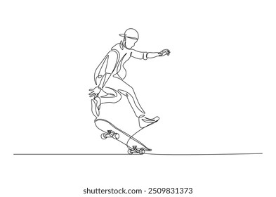 Man playing skateboard continuous one line drawing. Skateboard player single line art illustration. Editable vector.