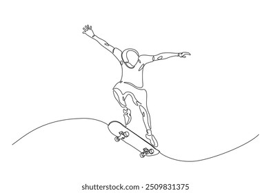 Man playing skateboard continuous one line drawing. Skateboard player single line art illustration. Editable vector.