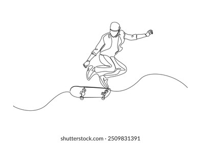 Man playing skateboard continuous one line drawing. Skateboard player single line art illustration. Editable vector.