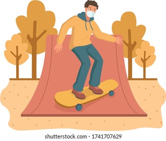A man playing skateboard while using medical mask