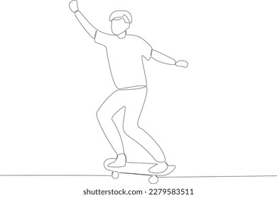 A man playing skateboarding in the park. Skateboarding one-line drawing