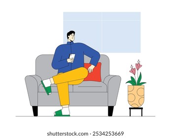 Man is playing smartphone at home casually sitting on his sofa, vector illustration of modern urban life.
