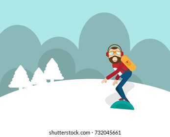 man playing snow board on mountain winter sport cartoon flat style vector illustration