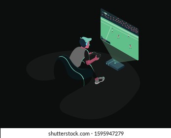 A man playing soccer game using a futuristic hologram console, joystick, and headphone in a dark room