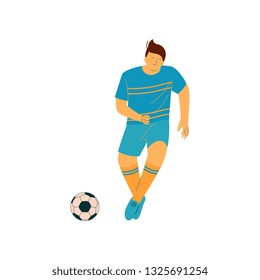 Man Playing Soccer, Male Soccer Footballer Character in Blue Sports Uniform Vector Illustration