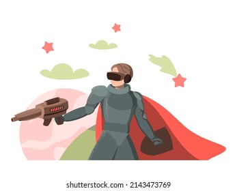 A man playing a space game in virtual reality using a VR headset. Character space marine in cyberspace in armor and with weapons on a fantasy planet, modern entertainment. Flat vector illustration.