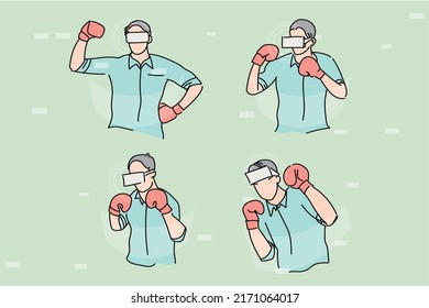 Man playing sport in virtual reality. Boxing in game. Flat design illustration
