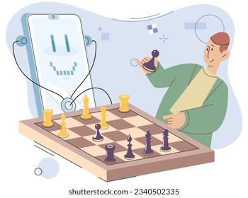 Man playing strategic game chess online with smartphone. Young guy sitting at table with chessboard. Chess tournament between players. Strategy game. Checkmate. Intelligence business board game