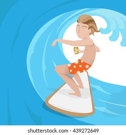 Man playing surfboard with hand holding beer in wave vector design