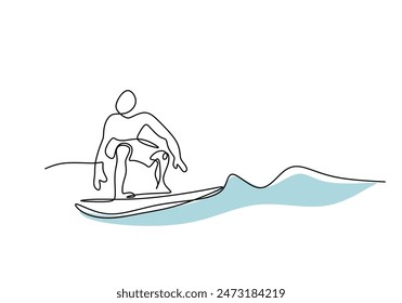 Man playing surfboard on beach continuous line drawing. Sport and adventure concept. Vector illustration minimalist design hand drawn.