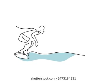 Man playing surfboard on beach continuous line drawing. Sport and adventure concept. Vector illustration minimalist design hand drawn.