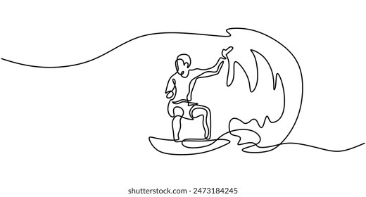 Man playing surfboard on beach continuous line drawing. Sport and adventure concept. Vector illustration minimalist design hand drawn.