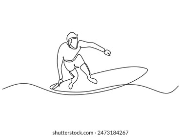 Man playing surfboard on beach continuous line drawing. Sport and adventure concept. Vector illustration minimalist design hand drawn.