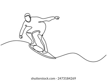 Hombre jugando tabla de surf en la playa dibujo de línea continua. Concepto de deporte y aventura. Ilustración vectorial diseño minimalista dibujado a mano.