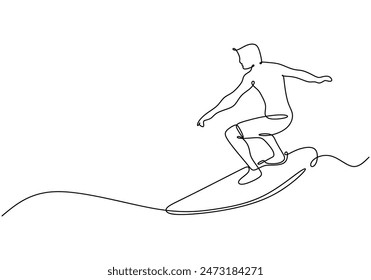 Man playing surfboard on beach continuous line drawing. Sport and adventure concept. Vector illustration minimalist design hand drawn.