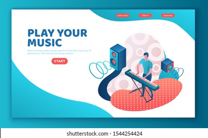 Man playing synthesizer, landing page template, musician with piano, music show or concert concept, 3d isometric illustration