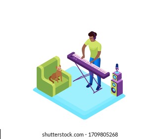 Man playing synthesizer, musician with piano, 3d isometric vector illustration of indoor activity and creative hobby during quarantine time