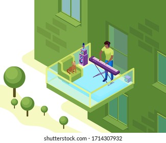 Man playing synthesizer on the balcony of apartment building, musician with piano in neighborhood , 3d isometric vector illustration of indoor activity and creative hobby during quarantine time