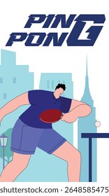 Man playing table tennis in city park, illustration concept of active recreation, outdoor sports activity. Ping pong competition, city buildings background, flat design