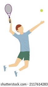Man is playing tennis. An athlete in a jump makes a ball pitch.