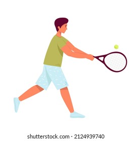 Mann, der Tennis spielt. flacher Charakter. Vektorgrafik. Mann demonstriert Haltegriff. Sportler, der große Tennis spielt. einzeln auf Weiß. männlicher Teilnehmer an Meisterschaft oder Ausbildung