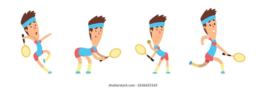 Man Playing Tennis Hit Ball with Racquet Vector Set