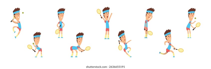 Man Playing Tennis Hit Ball with Racquet Vector Set