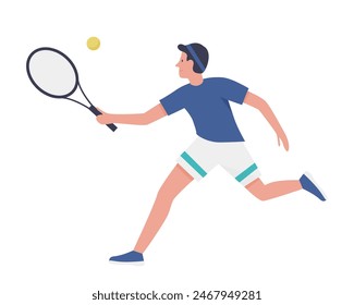 Man playing tennis on court, active male player running after ball vector illustration