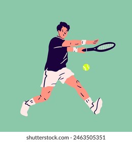 Hombre jugando al tenis. Persona en movimiento. Deportista sosteniendo la raqueta y golpeando la pelota. Elemento de diseño aislado. Dibujos animados estilo plano. Ilustración vectorial moderna dibujada a mano. Logo, icono, Plantilla de impresión