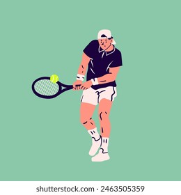 Man playing Tennis. Person moving in action. Sportsman holding racket and hitting ball. Isolated design element. Cartoon flat style. Hand drawn modern Vector illustration. Logo, icon, print template