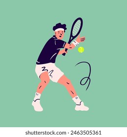 Man playing Tennis. Person moving in action. Sportsman holding racket and hitting ball. Isolated design element. Cartoon flat style. Hand drawn modern Vector illustration. Logo, icon, print template