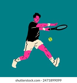 Man playing Tennis. Person moving in action. Sportsman holding racket and hitting ball. Isolated design element. Cartoon flat style. Hand drawn modern Vector illustration. Logo, icon, print template