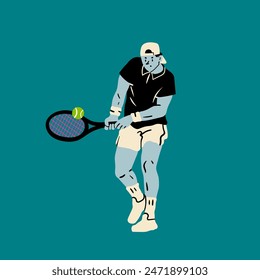 Man playing Tennis. Person moving in action. Sportsman holding racket and hitting ball. Isolated design element. Cartoon flat style. Hand drawn modern Vector illustration. Logo, icon, print template