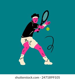 Hombre jugando al tenis. Persona en movimiento. Deportista sosteniendo la raqueta y golpeando la pelota. Elemento de diseño aislado. Dibujos animados estilo plano. Ilustración vectorial moderna dibujada a mano. Logo, icono, Plantilla de impresión