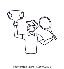 man playing tennis with racket and cup trophy